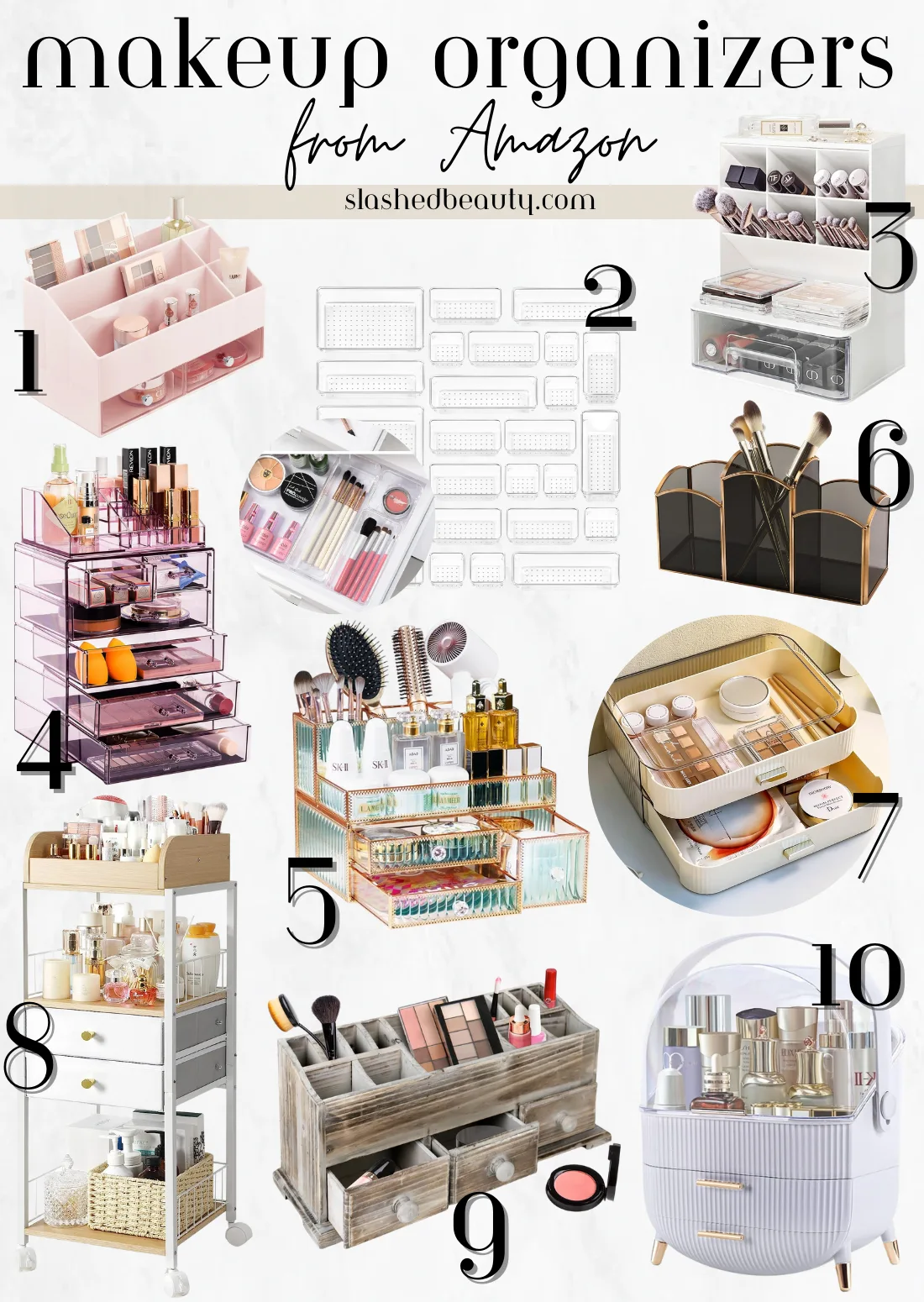 Collage of 10 cute makeup organizers from Amazon