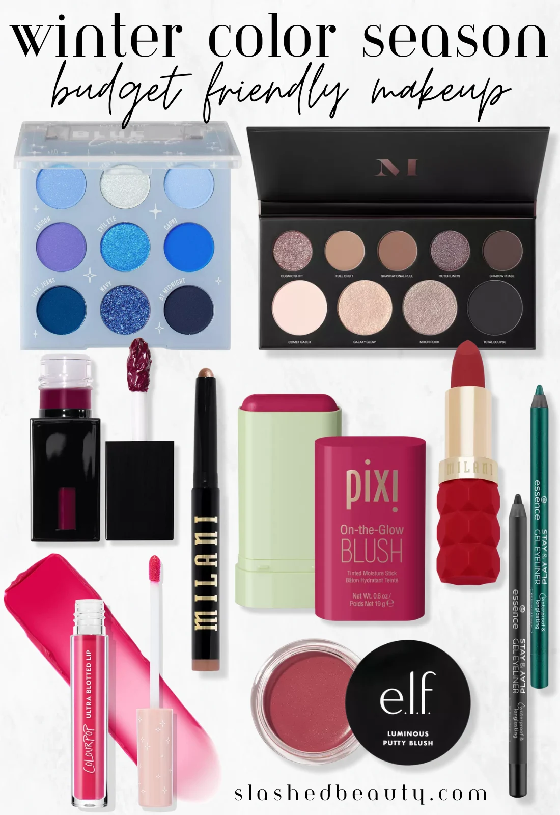 Collage of drugstore makeup with text headline: Winter Color Season Budget Friendly Makeup